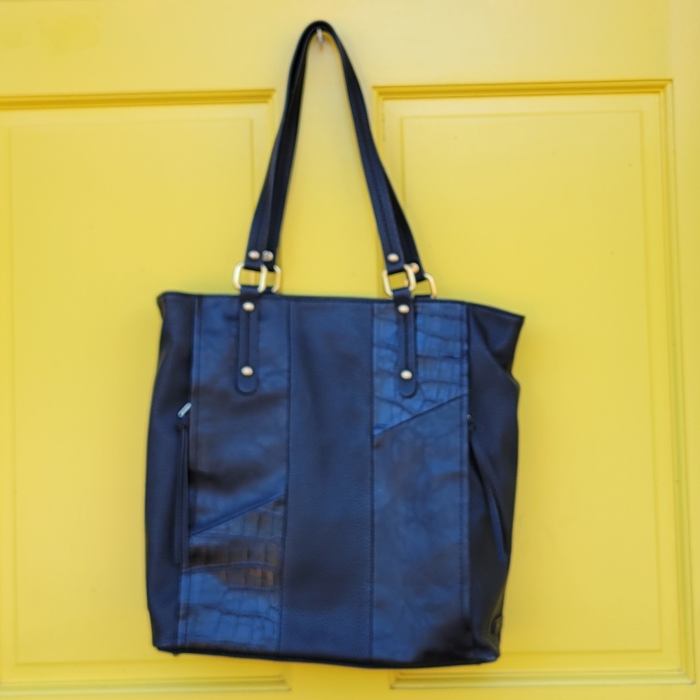 Fossil Black Vegan Leather Croc-Embossed Patchwork Statement Tote
